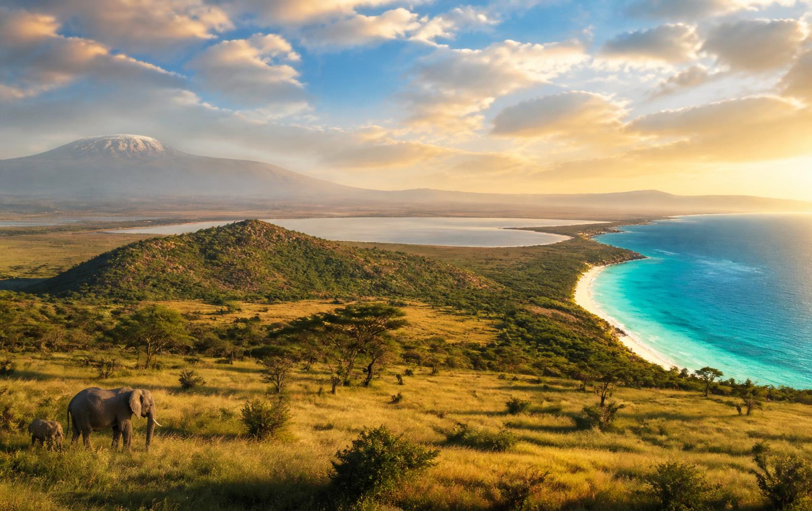 Panoramic East African landscape with savannah, mountains and coastline